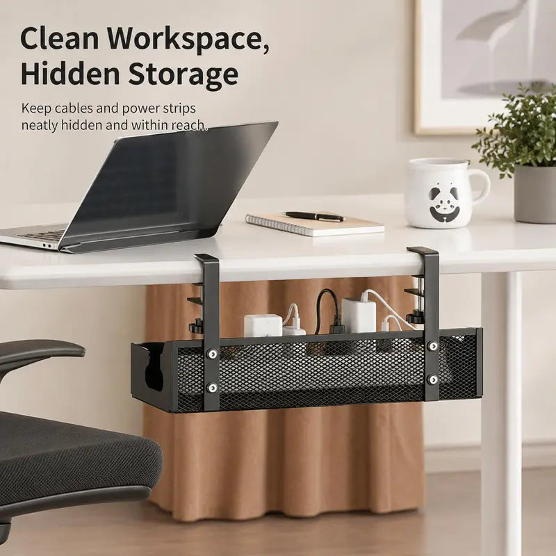 No-Drill Under Desk Cable Organizer – Hide Cables & Power Strips for a Cleaner Workspace