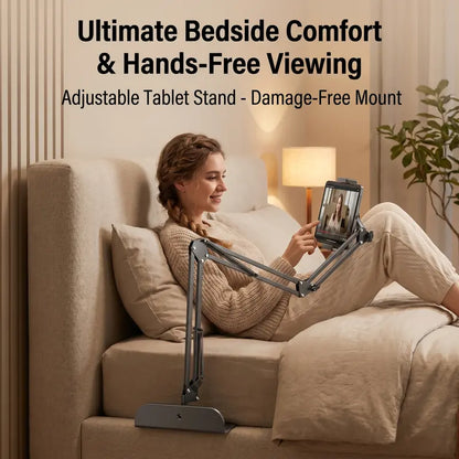 1 Count Bedside Tablet Stand with Metal Base, Universal Holder for Phone and iPad, Flexible Mechanical Arm Fits 4-12.9 Inch Devices, Clamp or Desktop Mount for Bed, Sofa, Kitchen Counter, 360° Rotatable