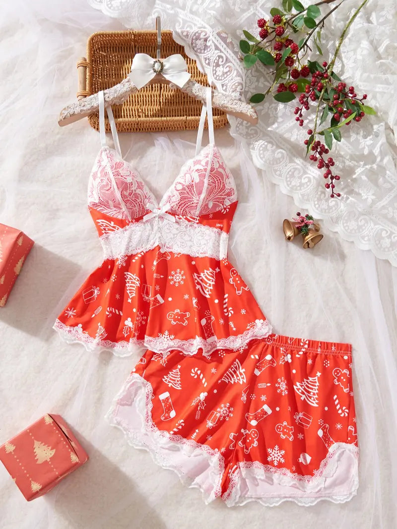 🎃 Halloween Pumpkin Lace Pajama Set | 2-Piece Sleepwear