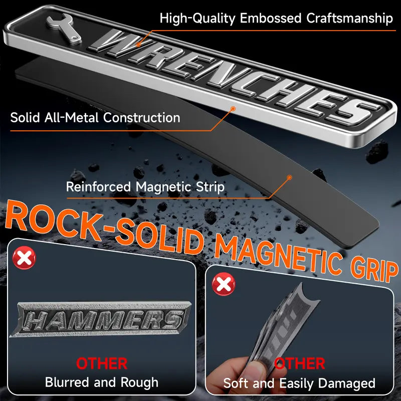 All metal wrench toolbox label showing reinforced magnetic strip on back
