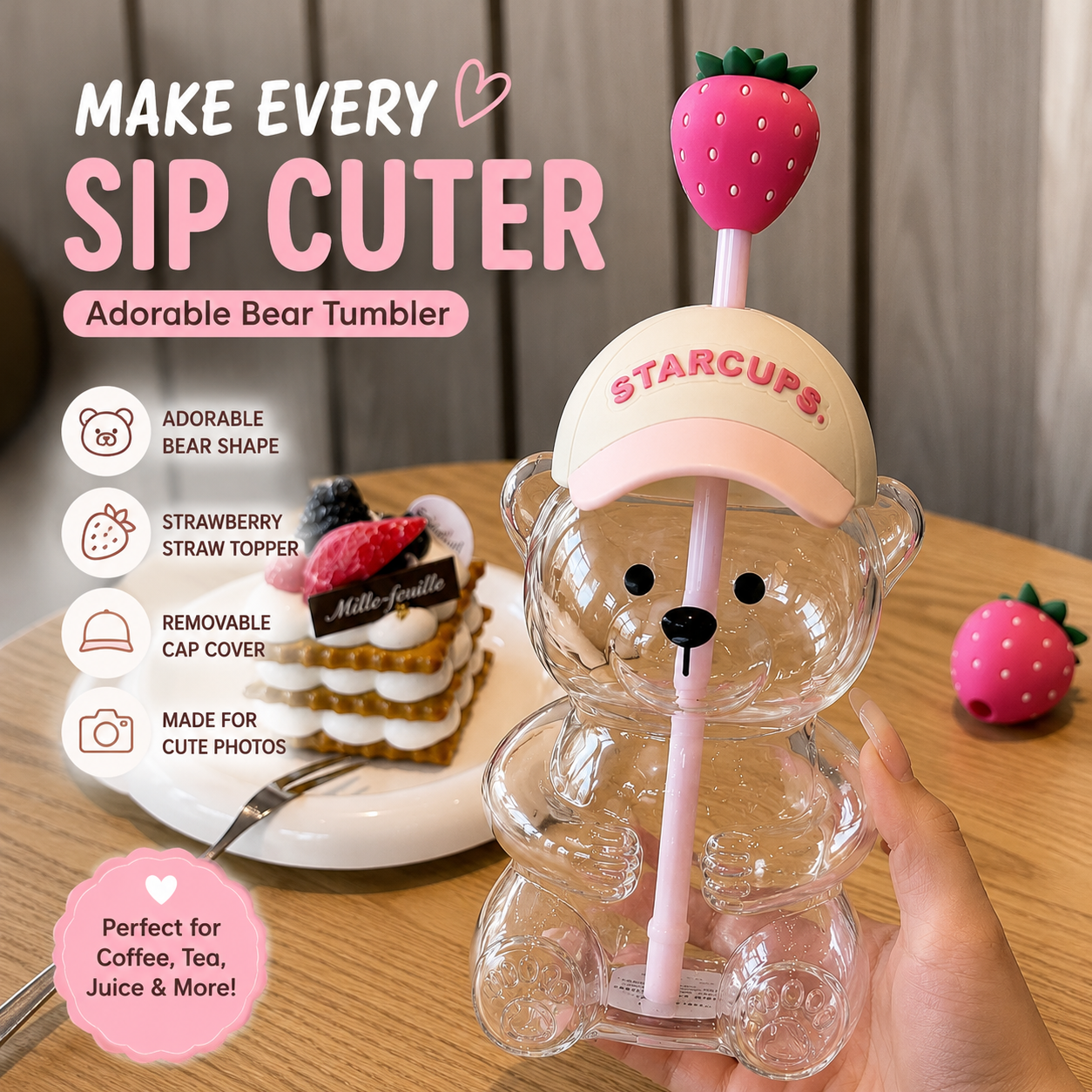 🧸2026 New Cute Beaar Glass Tumbler with Bear Lid & Strawberry Straw✨