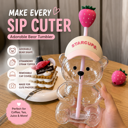 🧸2026 New Cute Beaar Glass Tumbler with Bear Lid & Strawberry Straw✨