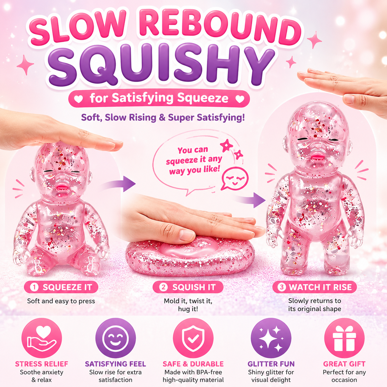 【Summervibes】3 Pack Baby Squishies Glittery Slow Rising Fidget Toys