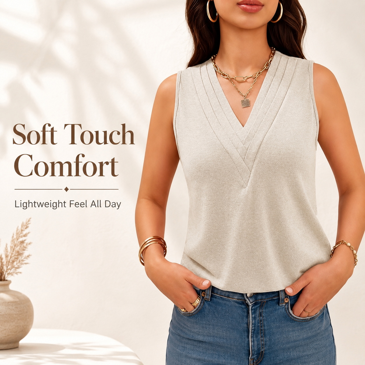 Women V Neck Tank Tops Dressy Casual Summer Loose Fit Sleeveless Shirts Blouse