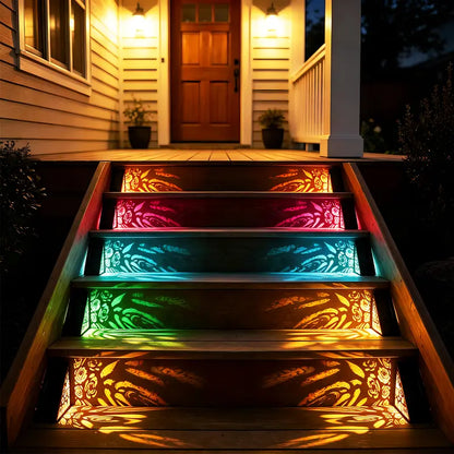 Solar outdoor step lights, IP65 waterproof LED deck/stair lights, color-changing gradient lighting, automatic dusk-to-dawn warm white light, solar-powered.