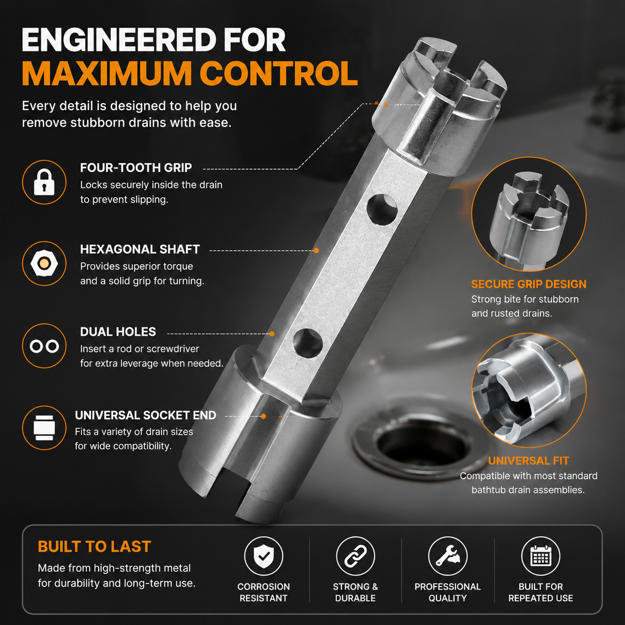 🔧Bathtub Drain Removal Wrench | Heavy-Duty Tub Drain Extractor Tool For Easy DIY Plumbing Repairs