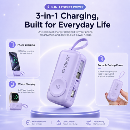 ⚡ 3-in-1 Mini Power Bank – 5000mAh 33.5W Phone & Watch Portable Charger