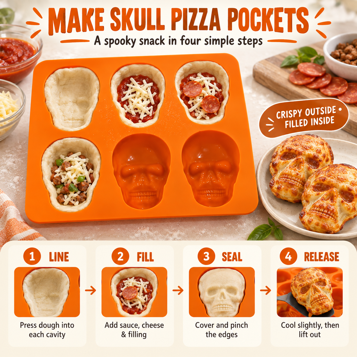 💀 6-Cavity Silicone Skull Baking Mold – Halloween Pizza, Cake & Treat Maker