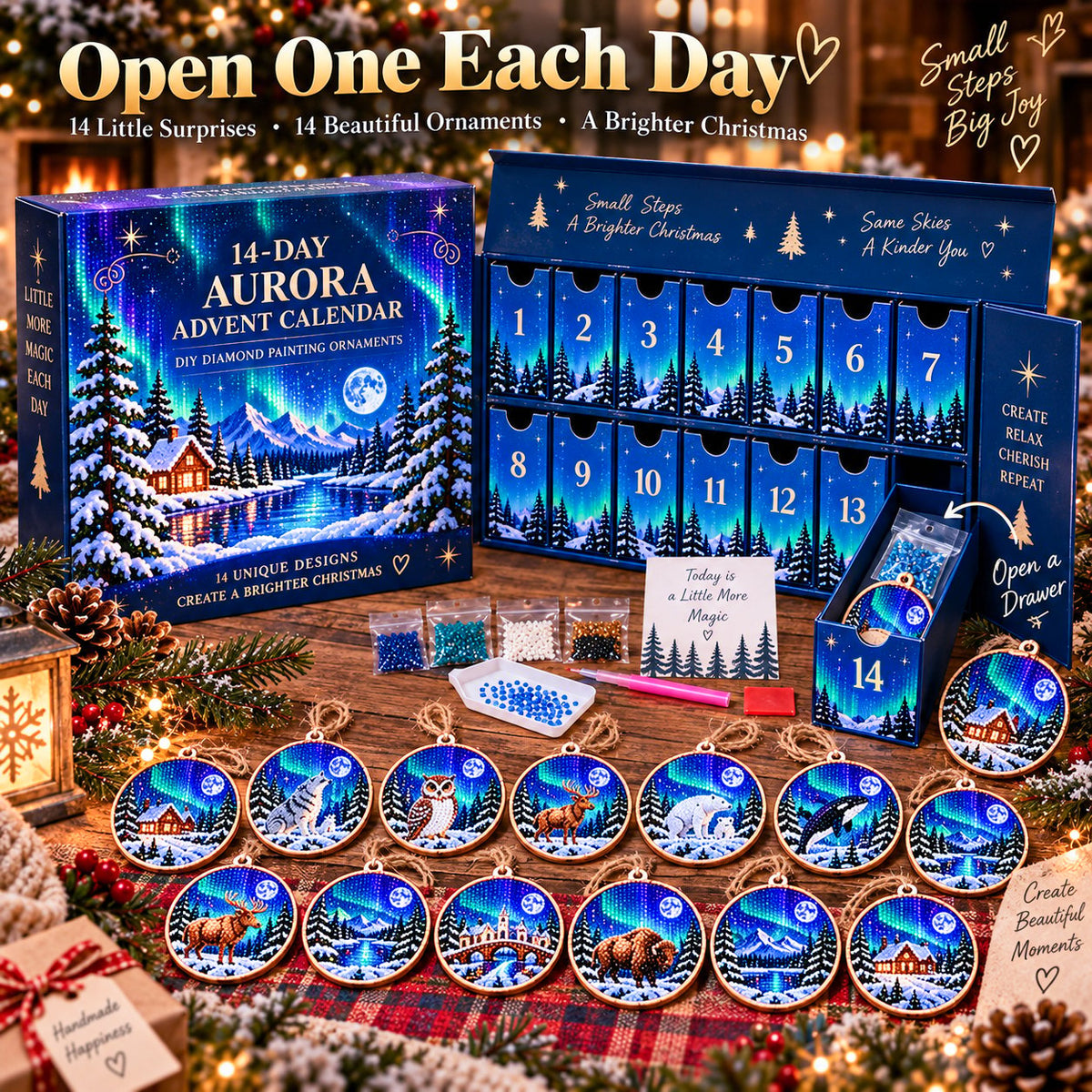 🌌 14-Day Aurora Diamond Painting Advent Calendar – DIY Wooden Christmas Ornament Kit