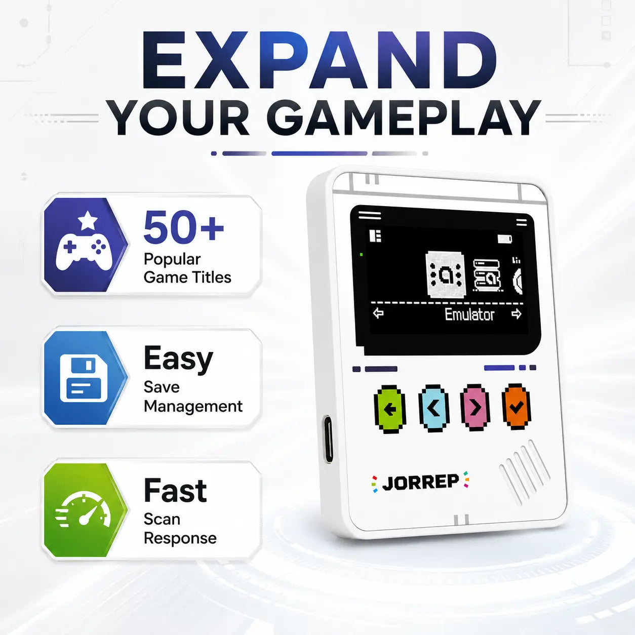 JORREP Pro NFC Emulator, NFC Tag Emulator, 3000+ Saves, Unlimited Rewrite, Auto UID Regen, Rechargeable Battery , 1.4" OLED Screen, Compatible with 50+ Games on Switch 1 & 2 (White)