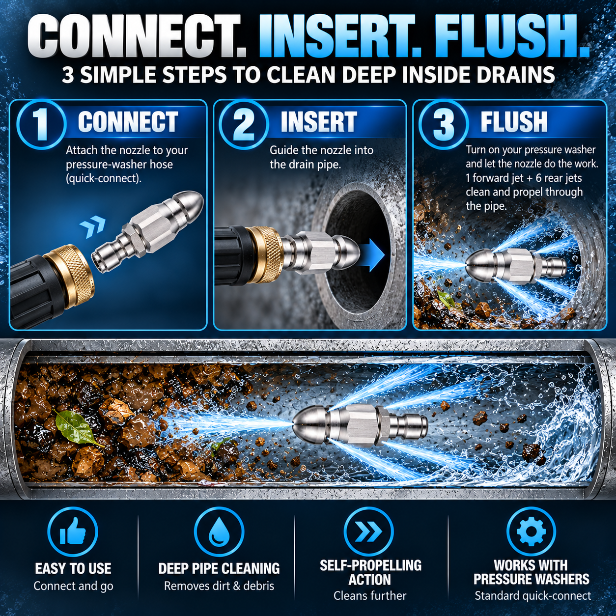 🚿 7-Jet High-Pressure Drain Cleaning Nozzle – 1 Forward + 6 Rear Jets