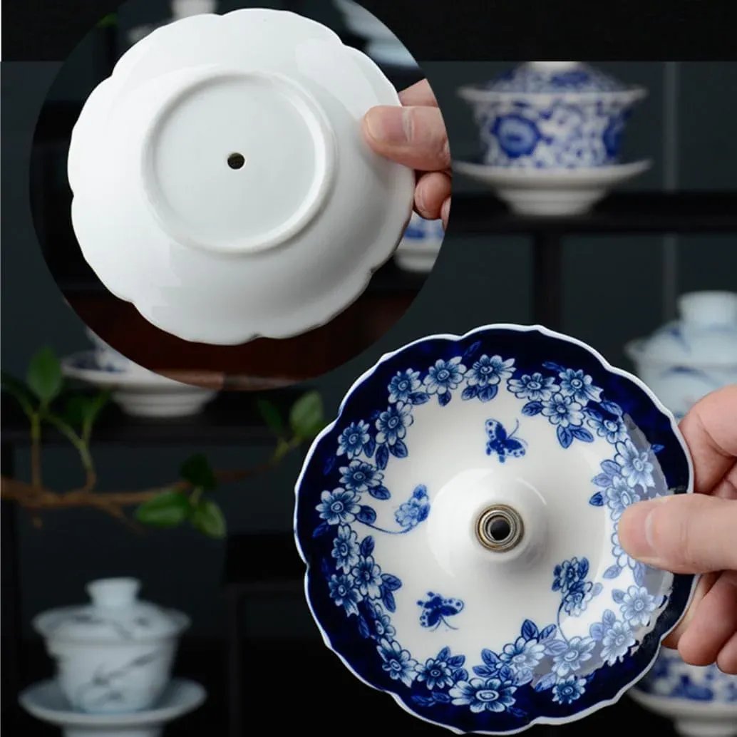 🍵 Ceramic Tea Strainer with Saucer – Blue & White Umbrella Loose Leaf Tea Filter
