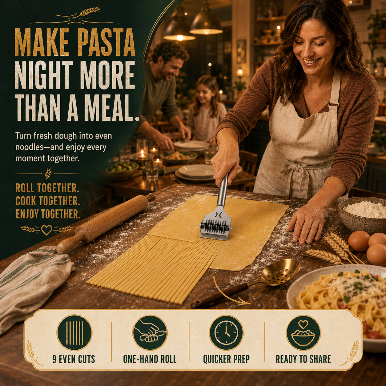 Stainless Steel 9-Wheel Rolling Noodle Cutter – Fast, Even Homemade Pasta Strips