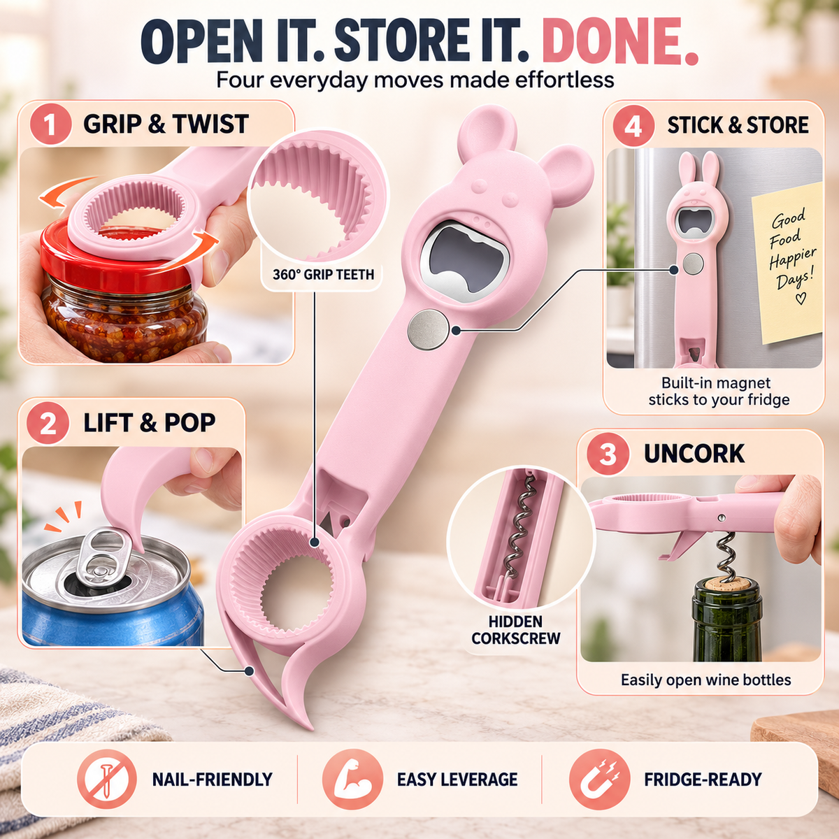🐰 6-in-1 Magnetic Rabbit Opener – Jar, Bottle, Can & Wine Opening Tool