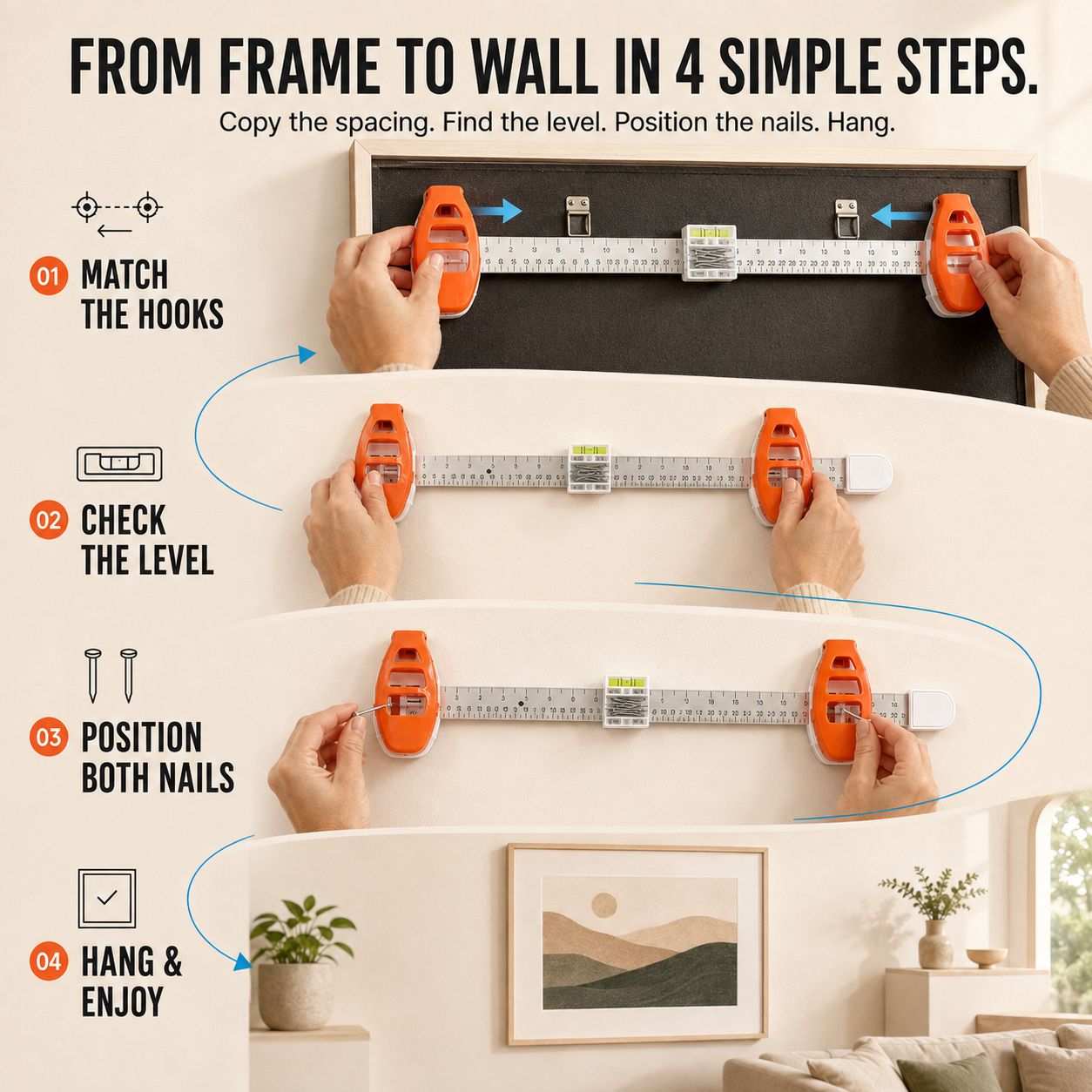 🖼️ All-in-One Picture Hanging Locator & Leveling Tool with Dual Nail Positioners + 14 Nails