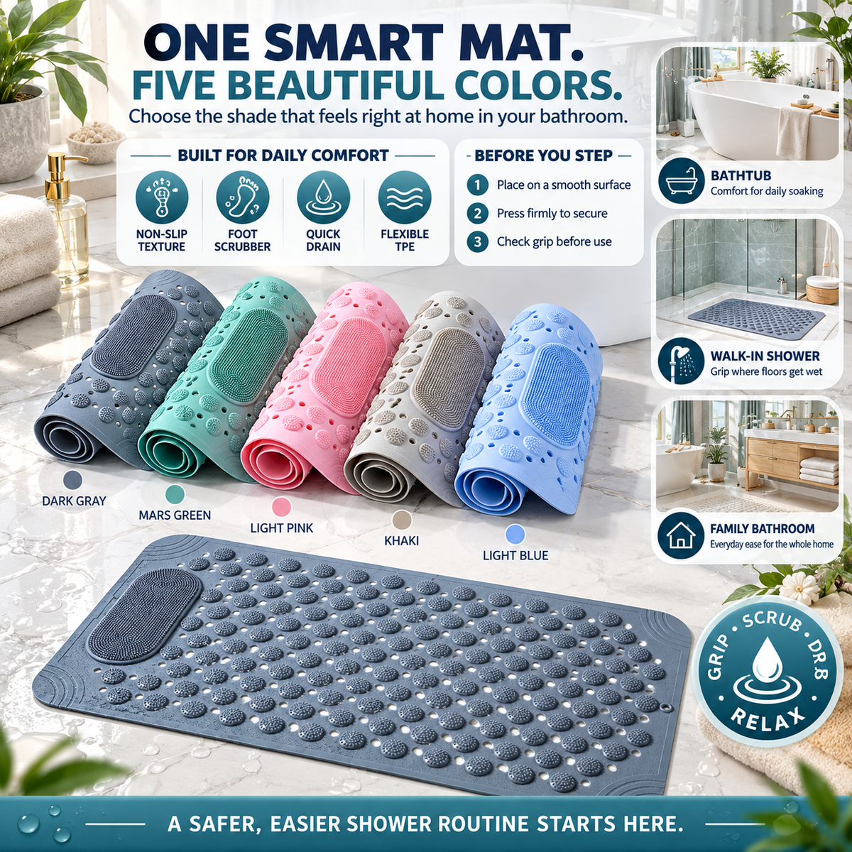 🚿3-in-1 Non-Slip Bath Mat with Foot Scrubber – Quick-Drain Massage & Cleaning Mat