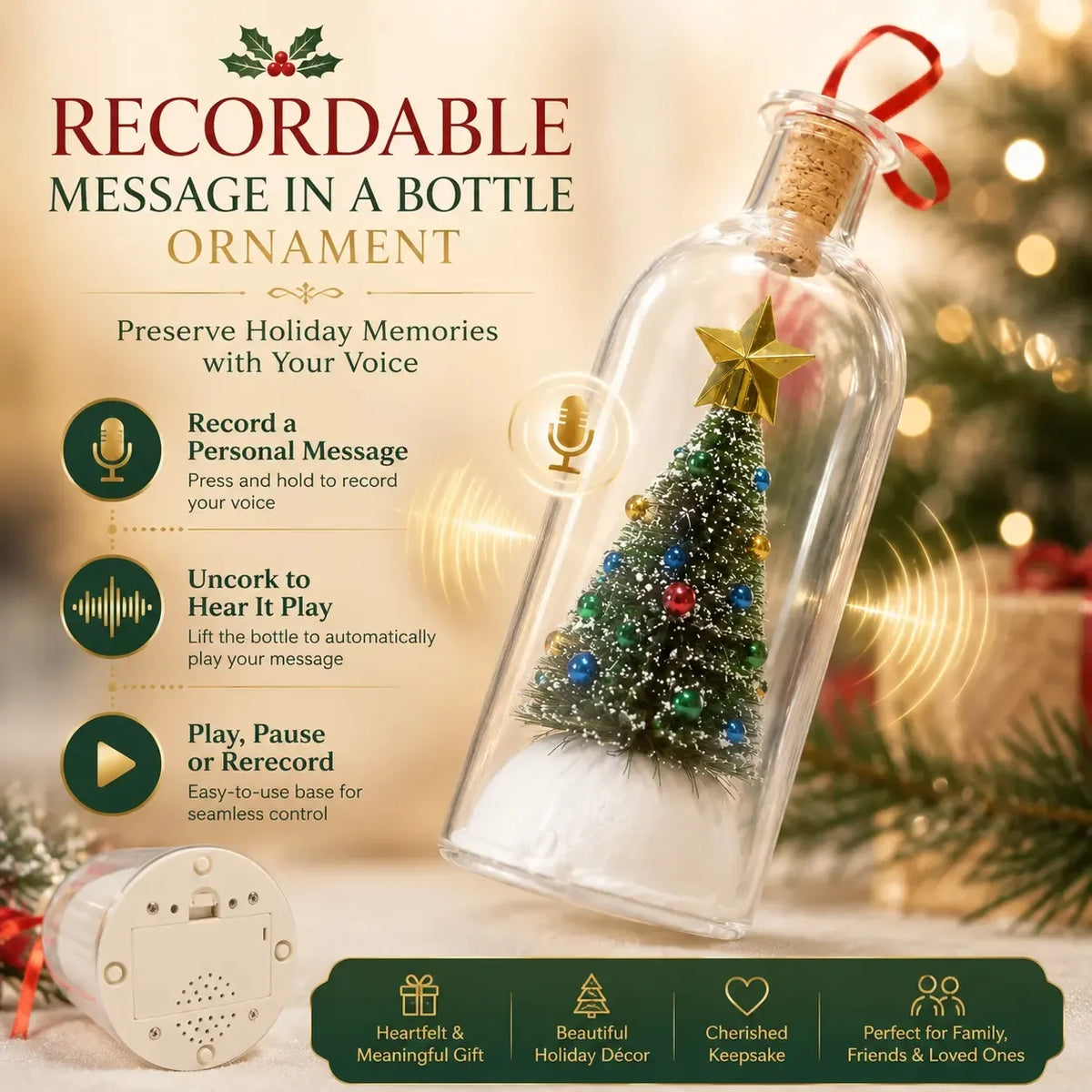 Recordable Christmas message in a bottle ornament with playback feature