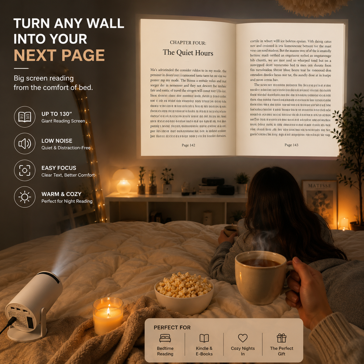 Smart Reading Projector – 4K Support, WiFi 6 & Up to 130″ Screen 📚✨