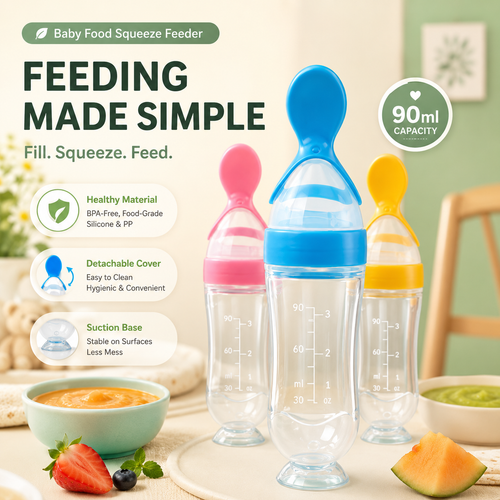 👶 90ml Baby Food Squeeze Feeder – One-Hand Feeding Spoon with Suction Base