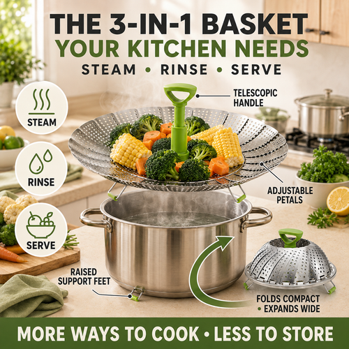🥦 3-in-1 Adjustable Folding Steamer Basket – Steam, Rinse & Serve