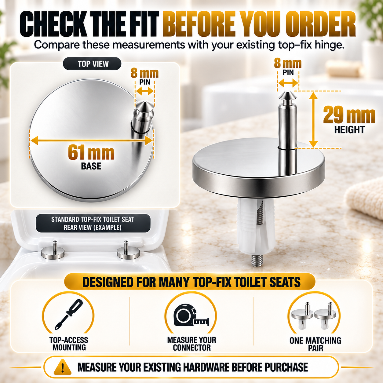 🔩 2-Pack Top-Fix Toilet Seat Hinge Bolts – Adjustable Anti-Wobble Replacement Kit