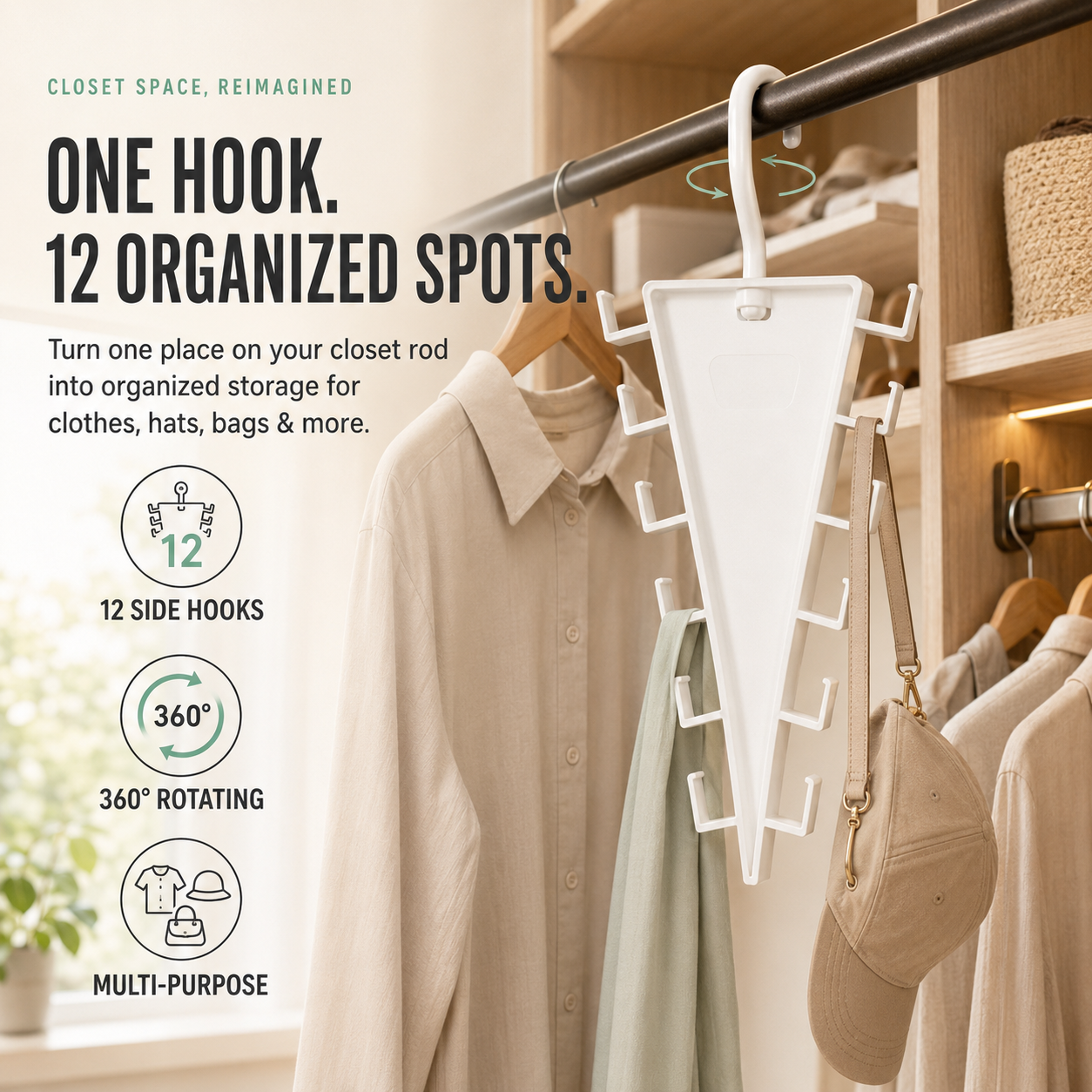 ✨ 12-Hook 360° Rotating Space-Saving Closet Organizer for Clothes, Hats & Bags