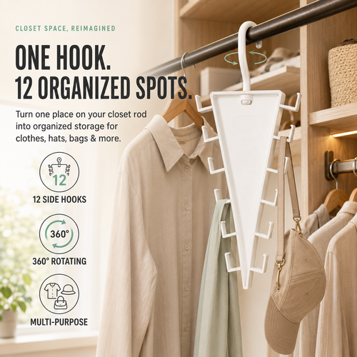 ✨ 12-Hook 360° Rotating Space-Saving Closet Organizer for Clothes, Hats & Bags