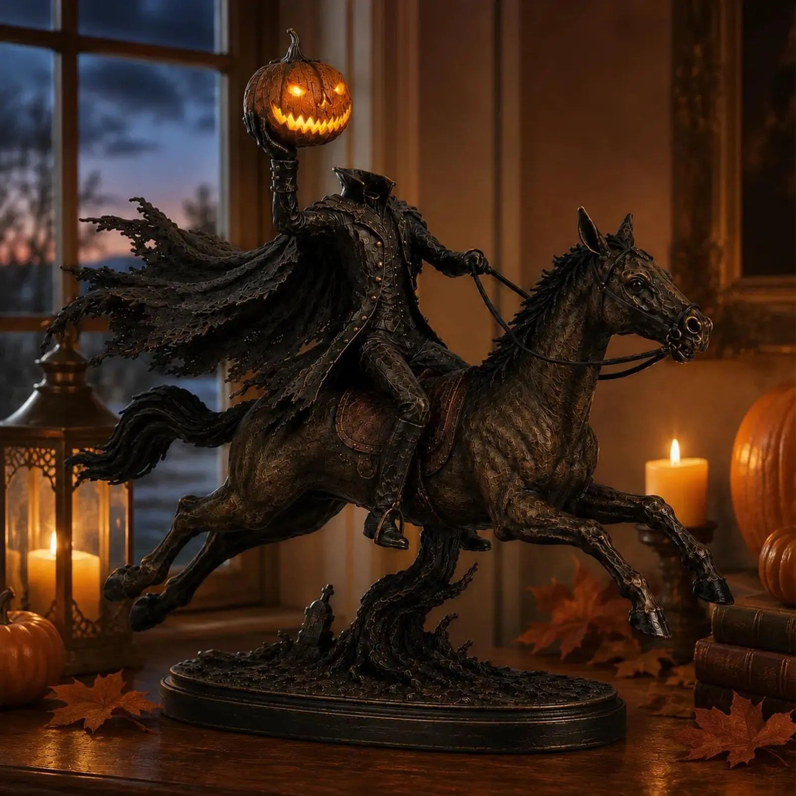 Lighted Headless Horseman statue in Halloween home decor setting