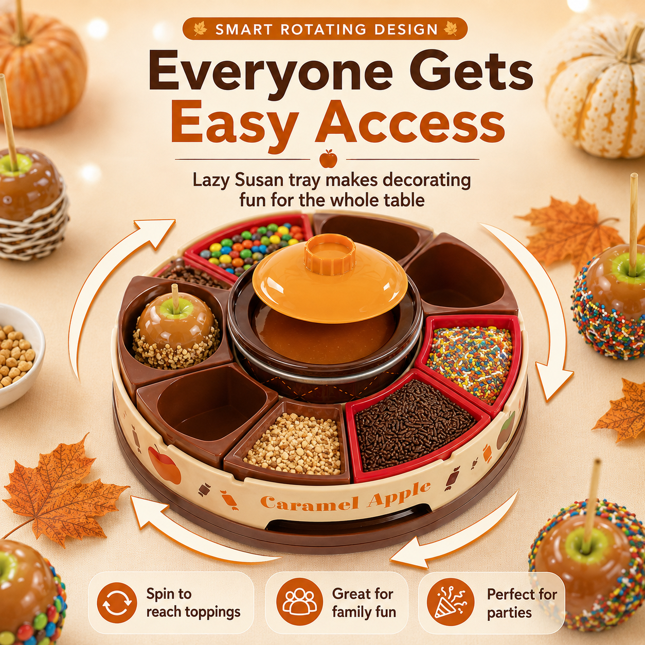 🍎 Caramel Apple Party Kit | Rotating DIY Dessert Station for Fun Family Treat Making