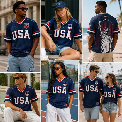 USA Soccer Jersey Men Women Navy Patriotic American Flag Football Shirt Statue of Liberty Graphic V Neck Sports Tee Red White Blue Stars Stripes Short Sleeve Athletic Top 4th of July Independence Day Fan ApparelUSA Soccer Jersey Men Women Navy Patriotic A