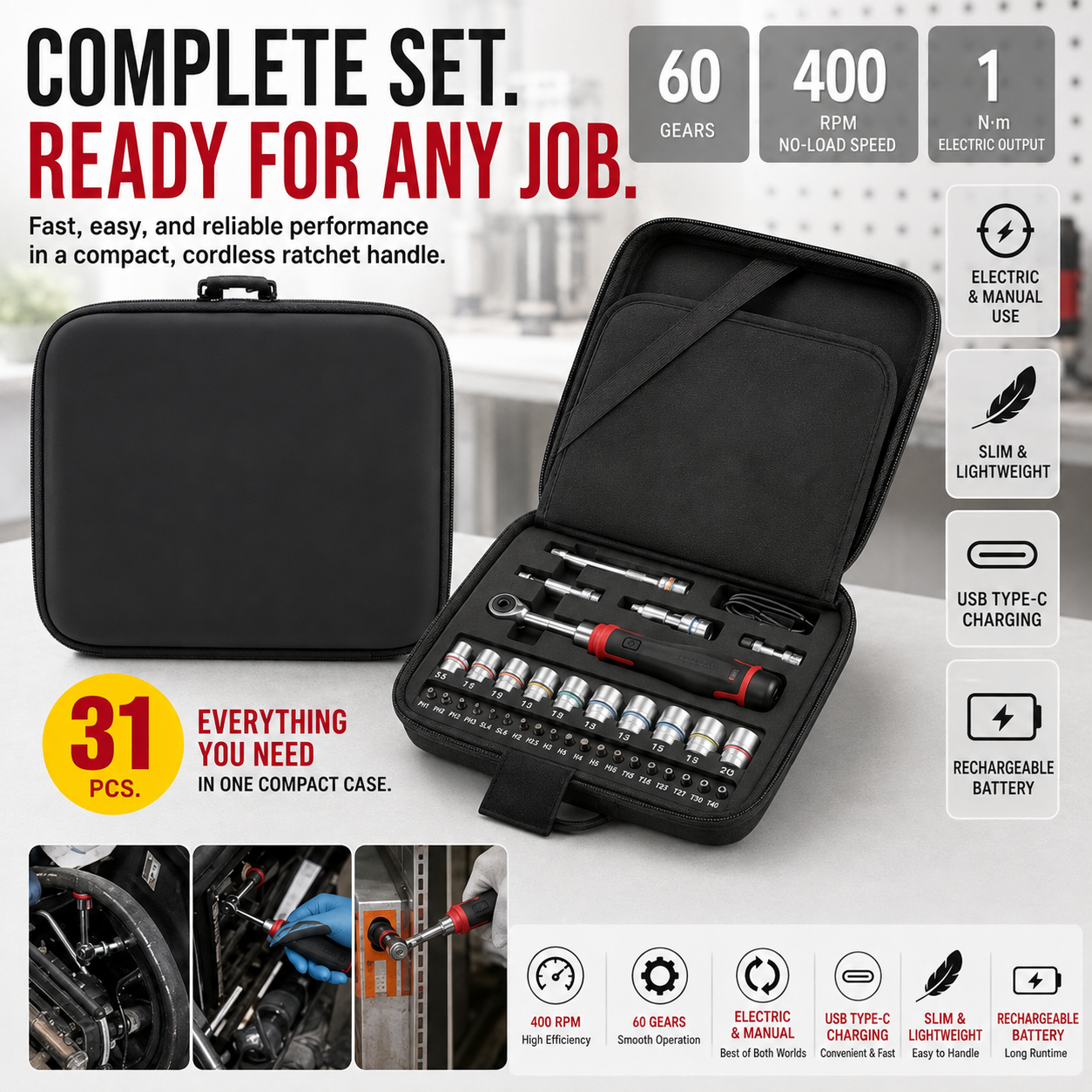 ⚡ 31-Piece Cordless Electric Ratchet Set – Slim 400 RPM Repair Tool Kit