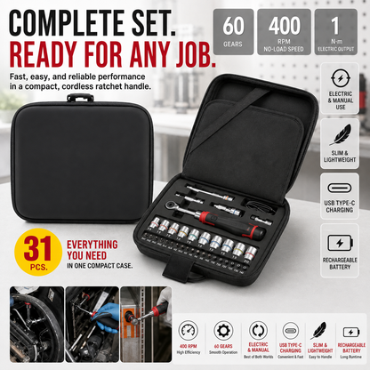 ⚡ 31-Piece Cordless Electric Ratchet Set – Slim 400 RPM Repair Tool Kit