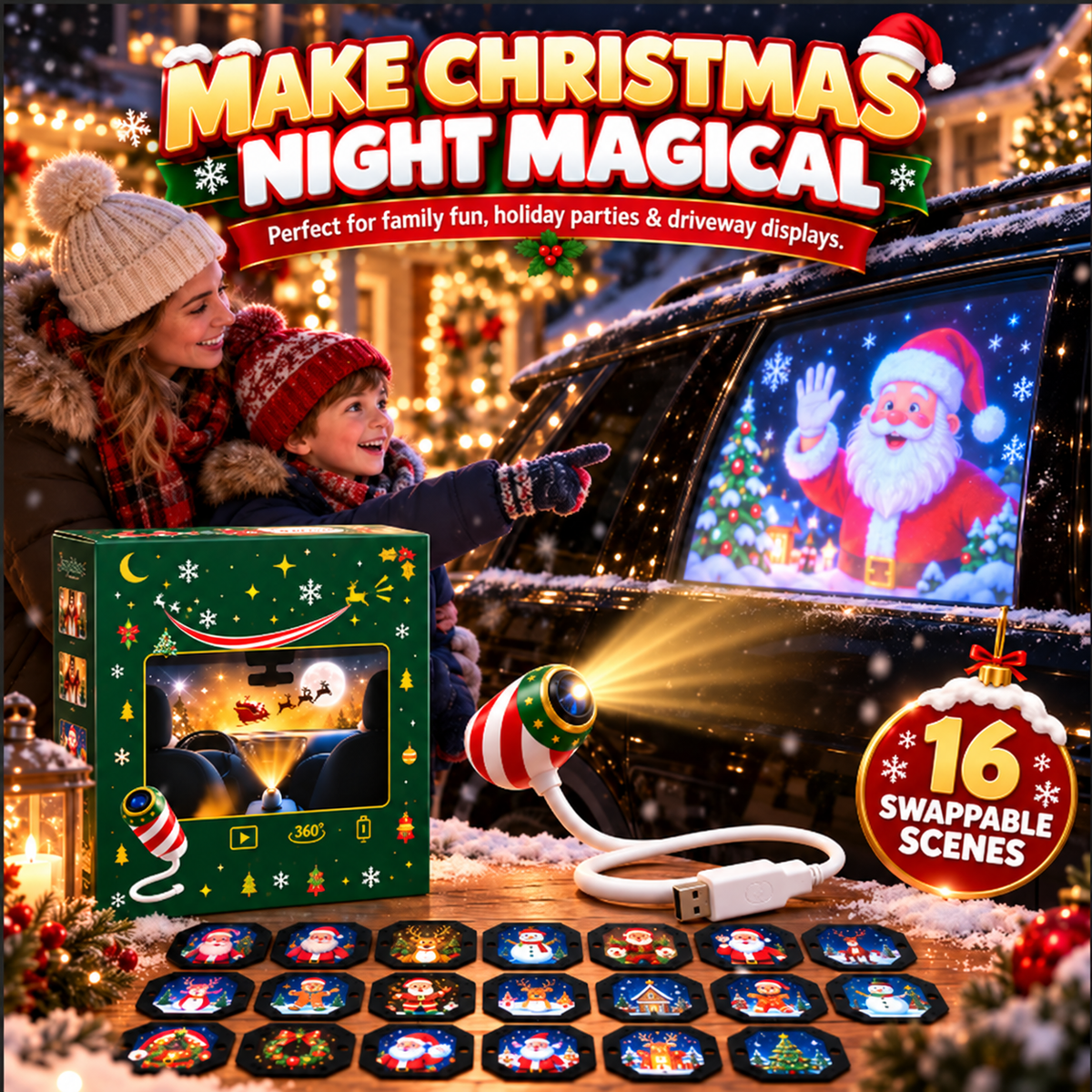 🎄 16-Scene Christmas Car Window Projector — 1 Projector + 16 Interchangeable Slides