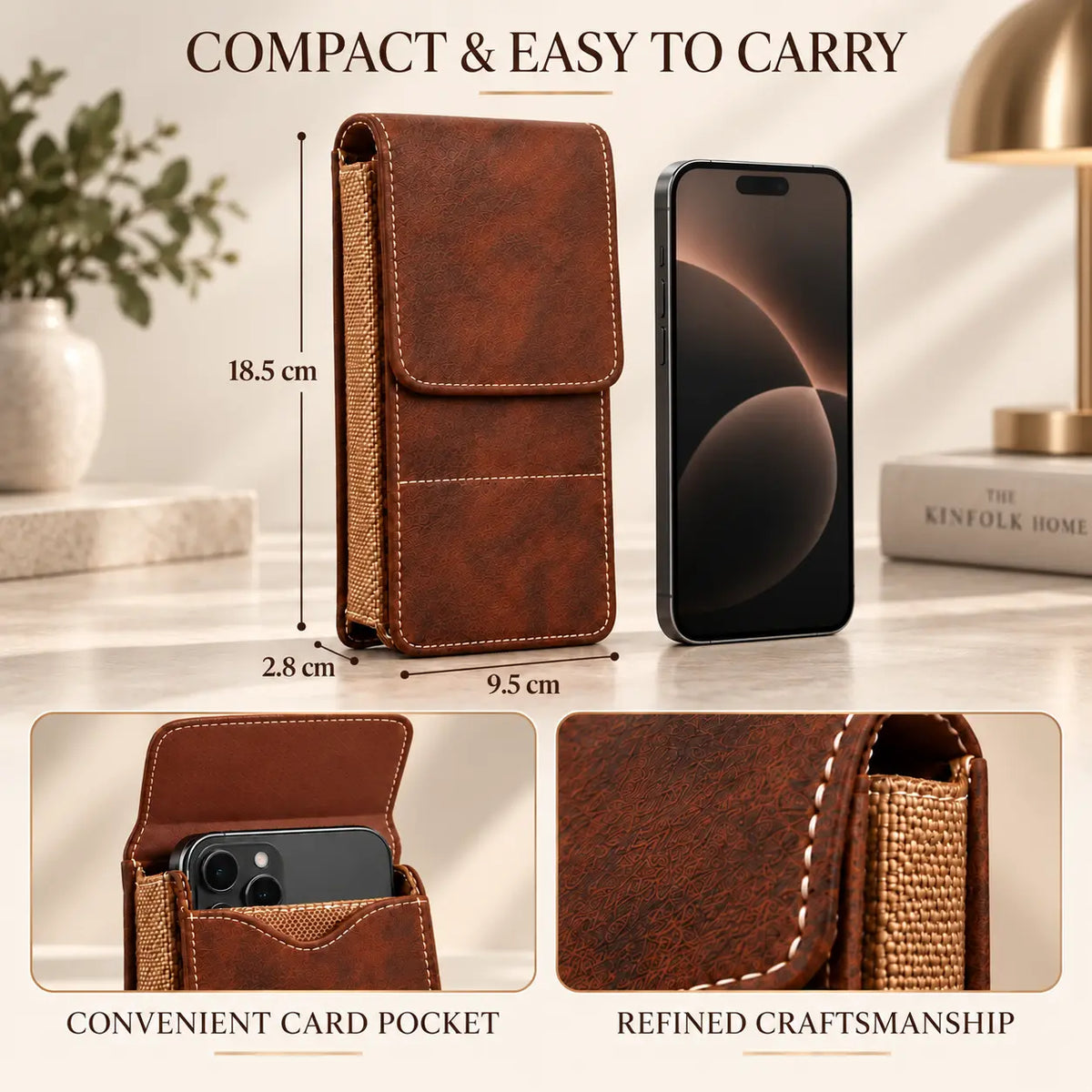 📱 Men’s Belt Phone Pouch – Magnetic Closure with Card Slot & Metal Clip