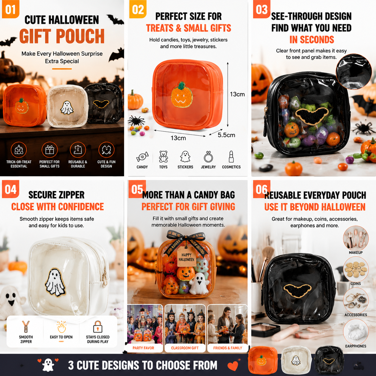 🎃 Halloween Mini Clear Pouch – Cute Pumpkin Ghost Bat Treat Bag for Candy, Makeup & Small Treasures