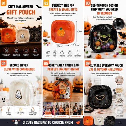 🎃 Halloween Mini Clear Pouch – Cute Pumpkin Ghost Bat Treat Bag for Candy, Makeup & Small Treasures