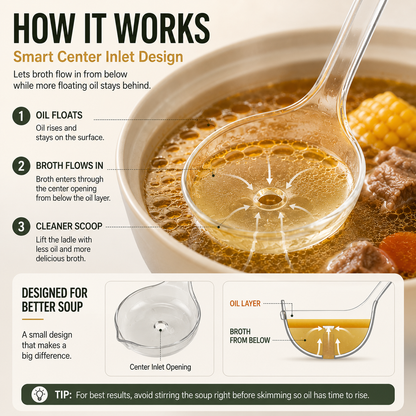 🥣 Fat Skimmer Ladle | Clear Oil Separator Spoon for Soup, Broth & Stew