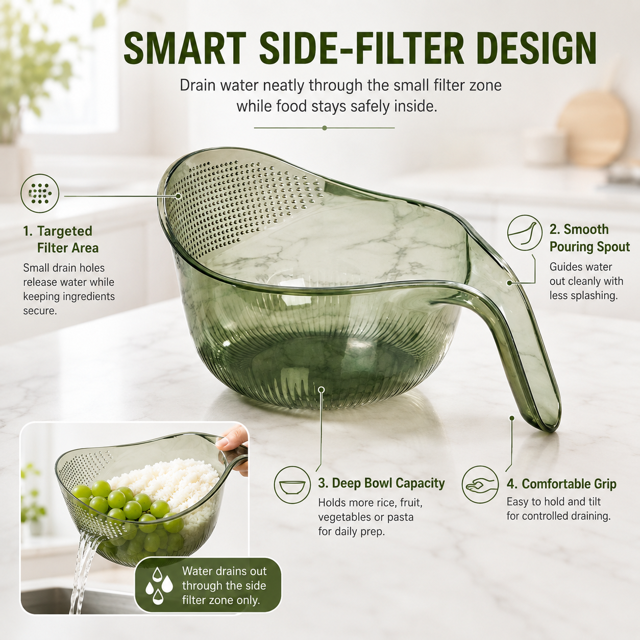 ✨ Smart Drain Kitchen Bowl – 2-in-1 Colander For Fruits, Vegetables, Rice & Pasta