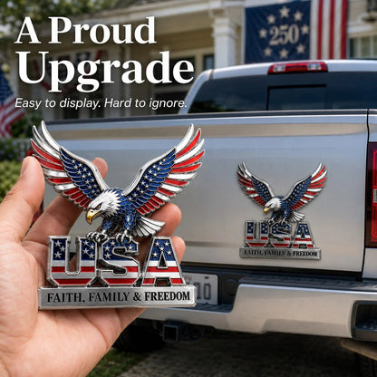 🦅 PATRIOTIC FAVORITE | American Eagle Metal Emblem – USA Faith Family Freedom Car Badge & Garage Decor