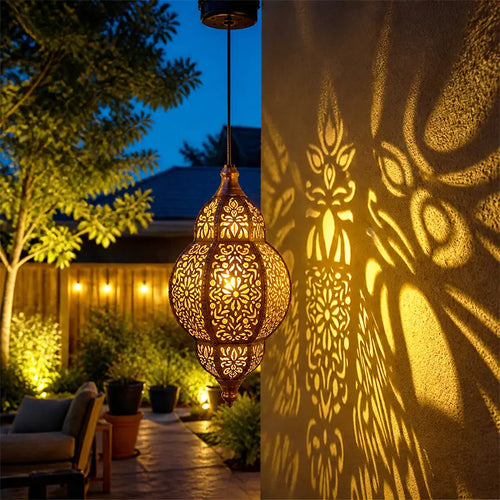 Moroccan Solar Lantern - Waterproof Solar Outdoor Lights with Retro Dynamic Shadow Projection, Hanging Light for Garden, Home Decor, Aesthetic Unique Decor,dorm essentials,home essentials,camping essentials,sohochic