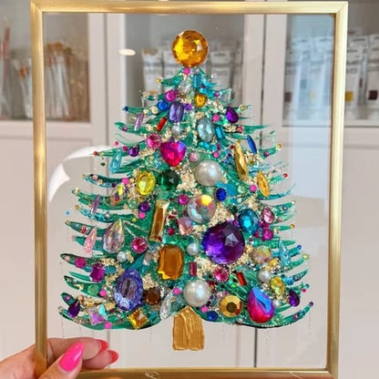Handmade Gem Christmas Tree Framed Acrylic Art | 8x10 Gold Frame Rhinestone Holiday Decor 🎄✨