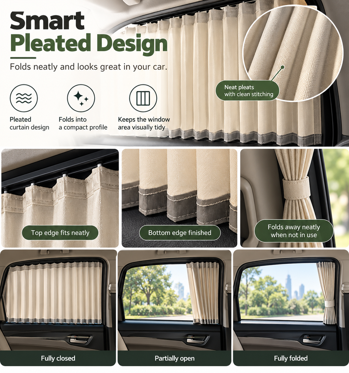 🚗 Pleated Car Window Sun Shade Curtains – Adjustable Rear Seat Privacy & Sun Protection