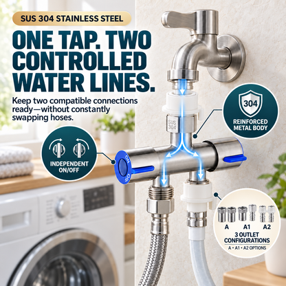 🚿 SUS 304 Dual-Control Faucet Splitter – 2-Way Hose & Washing Machine Adapter