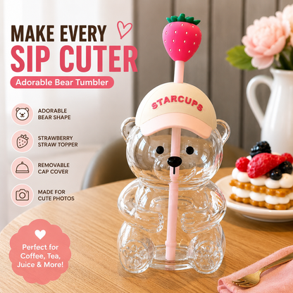 🧸2026 New Cute Beaar Glass Tumbler with Bear Lid & Strawberry Straw✨
