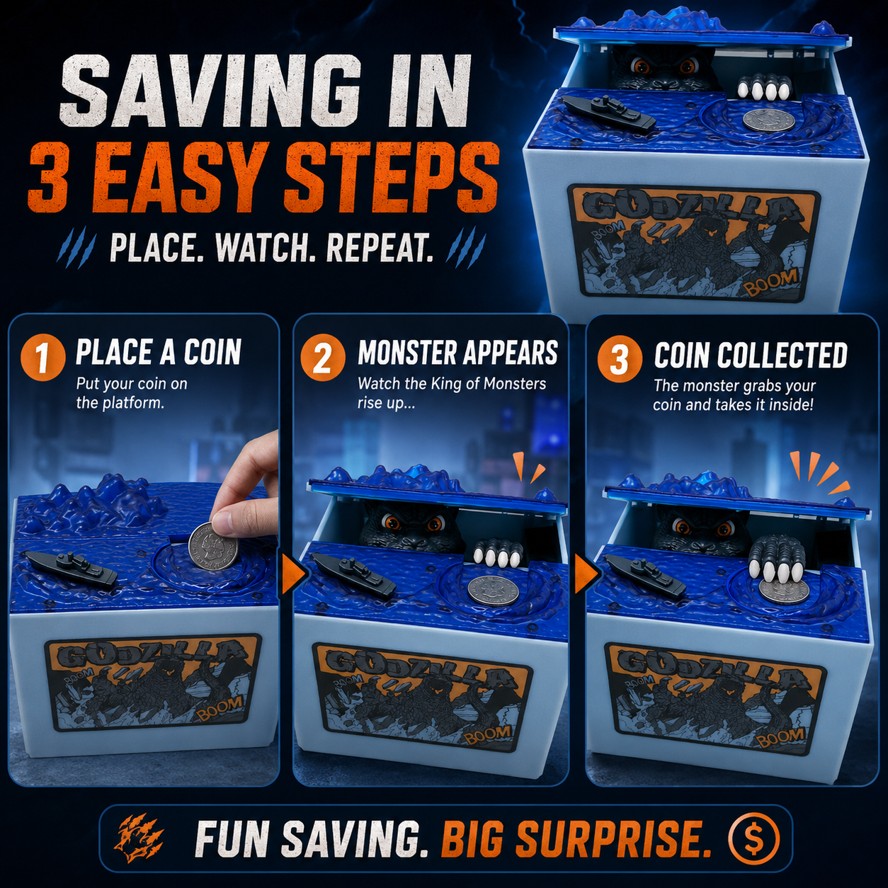 🦖 Interactive Monster Coin Bank – Fun Coin-Stealing Money Box for Kids & Monster Fans