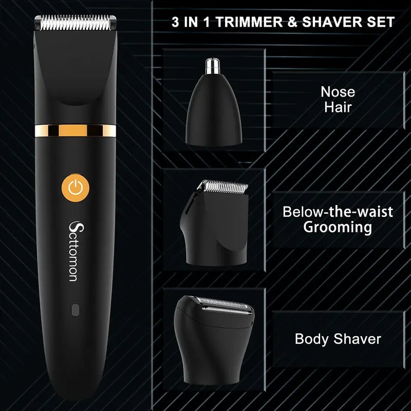 ✨ 3-In-1 Men's Body Groomer – Waterproof Groin, Body & Nose Hair Trimmer