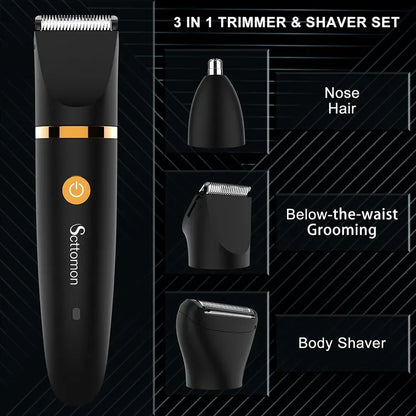 ✨ 3-In-1 Men's Body Groomer – Waterproof Groin, Body & Nose Hair Trimmer