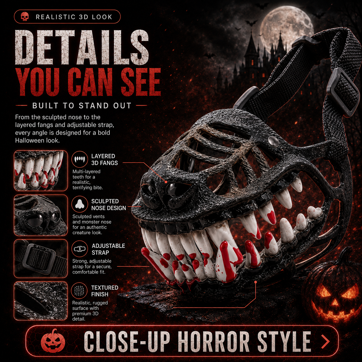 🎃 Realistic 3D Monster Fang Dog Mask – Scary Halloween Pet Costume for Photos, Parties & Night Walks 🐺