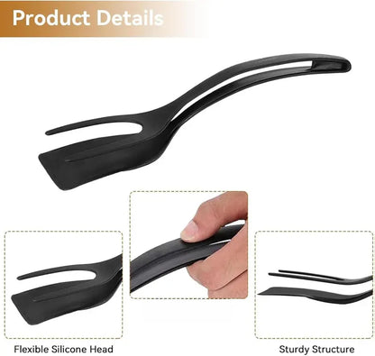 Grip & Flip Spatula Tongs - Sturdy, Durable Non-Stick Egg Flipper & Food Turner for Pancakes, Fish - Black Cooking Gadgets, Top Kitchen Gadgets, Household Kitchen Tool
