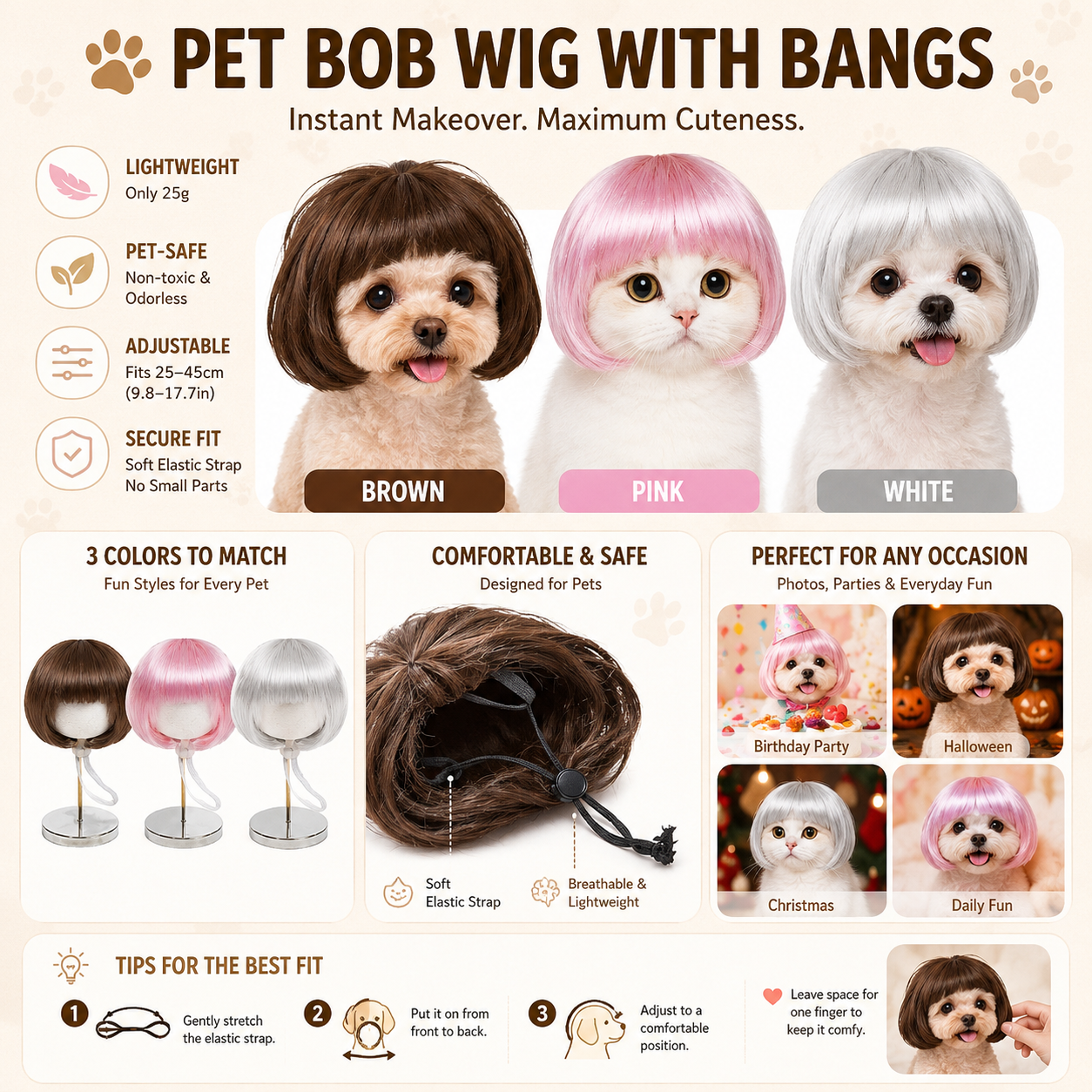 Cute Short Hair Wig Pet Headband, Funny Pet Wig Hair Accessories for Dogs & Cats